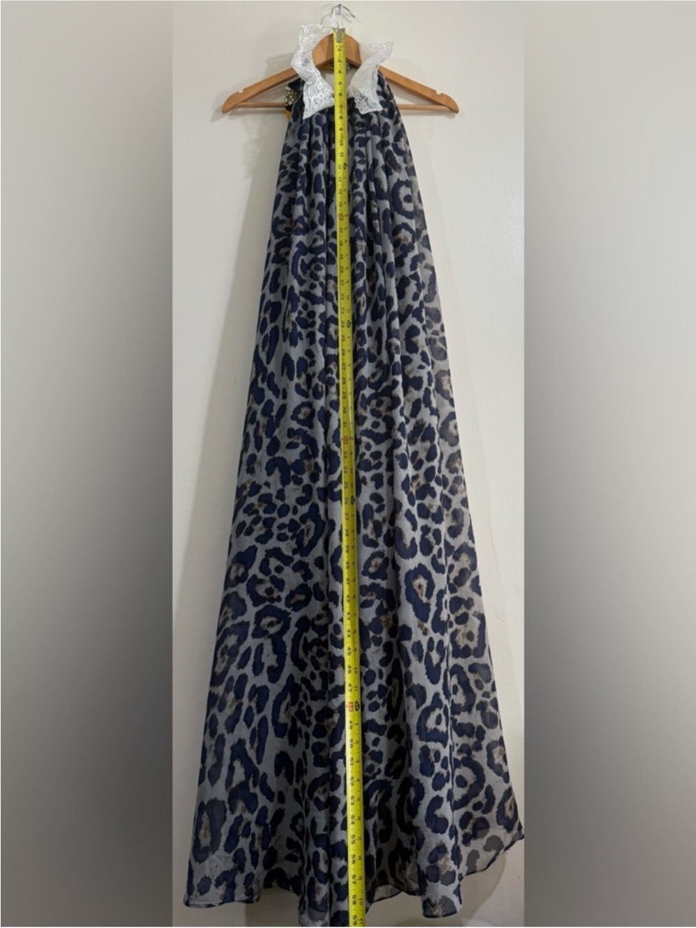 Christie’s Navy Leopard Print Halter Maxi Dress with Lace Collar